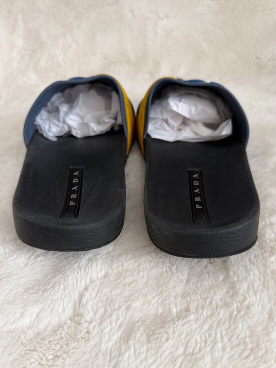 Prada Men\'s Blue & Yellow Rubber Logo Slides Sandals Size: 12 main image 7